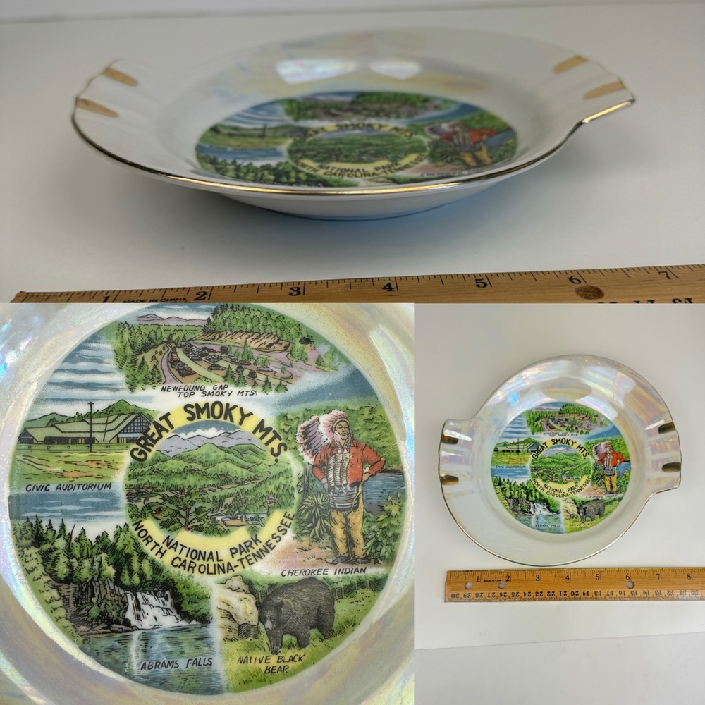 Vtg Ceramic Iridescent Ashtray‎ Souvenir Great Smoky Mts National Park NC TN USA